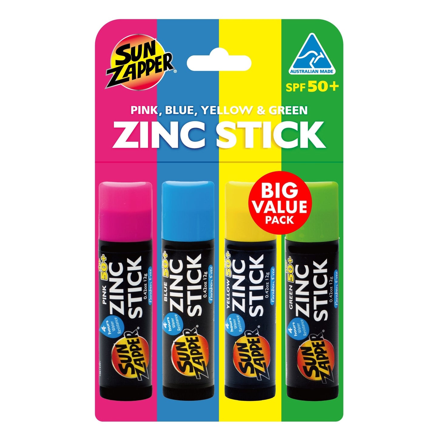Zinc Sticks Rainbow 4-Pack: Pink, Blue, Yellow & Green SPF 50+