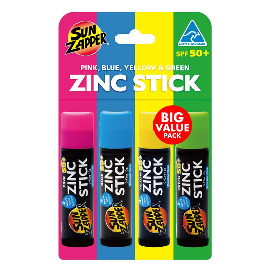 Zinc Sticks Rainbow 4-Pack: Pink, Blue, Yellow & Green SPF 50+