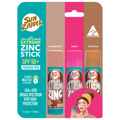 Extreme Zinc Stick Beauty 3-Pack SPF 50+ – Foundation, Bronzer & Blush (Tan, Bronze, Pink)